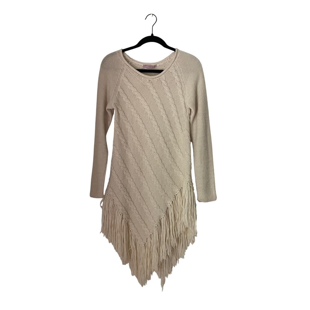 Calypso St. Barth Cream Cable Knit Fringe Sweater Dress Boho Size Large